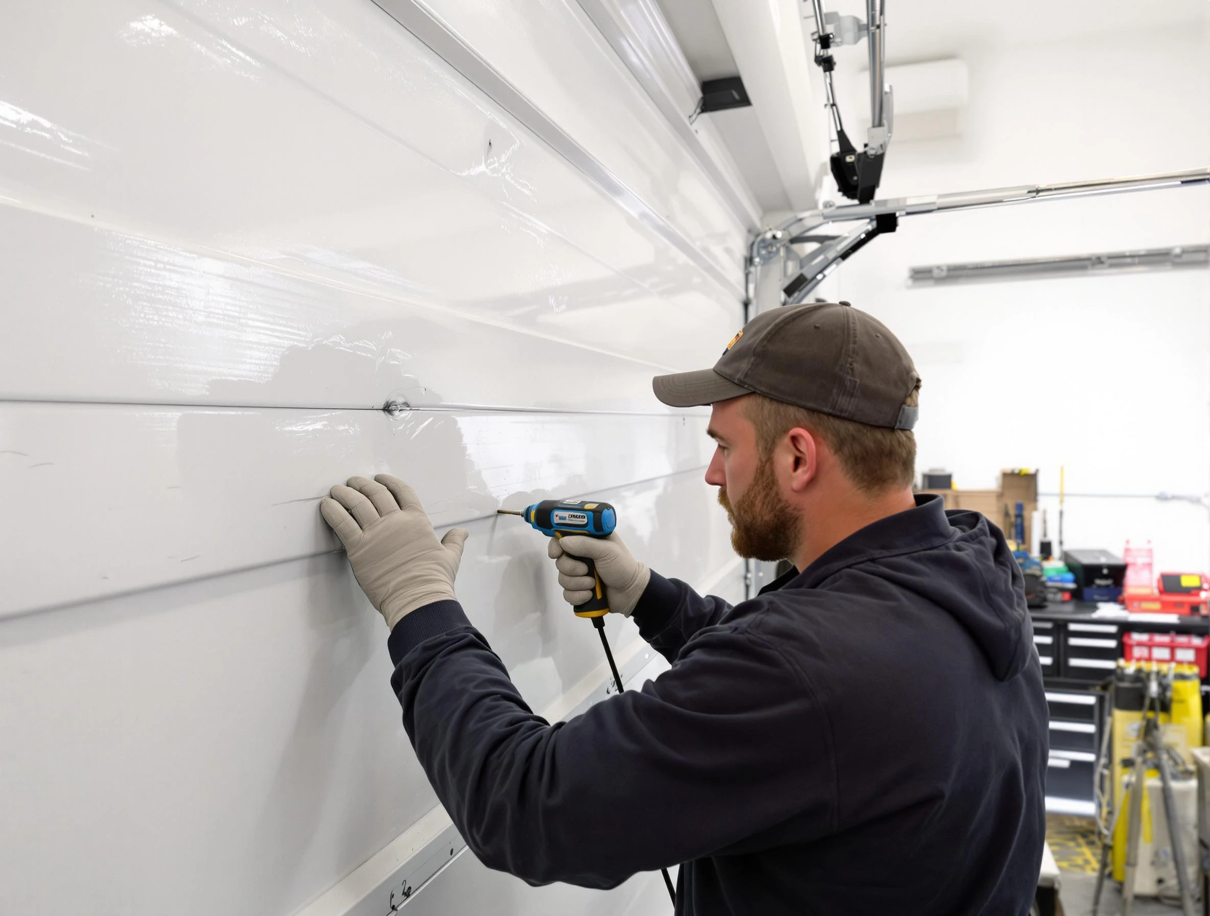 Vero Beach Garage Door Repair technician demonstrating precision dent removal techniques on a Vero Beach garage door
